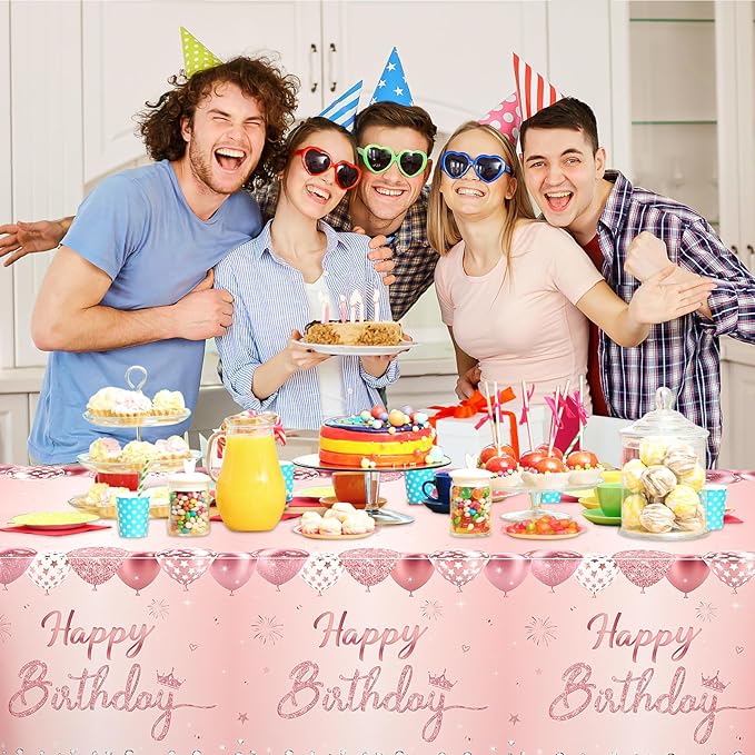 WNINK 3 Pack Pink & Rose Gold Happy Birthday Tablecloths, Disposable Plastic Rectangular Table Covers for 6th 21st 30th 40th 50th Women Girls Birthday Party 54 x 108 Inches