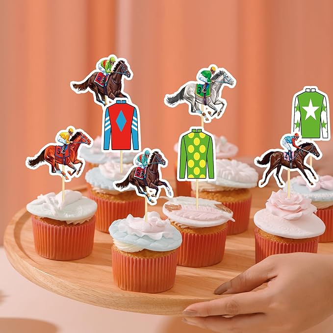 36 PCS Horse Cupcake Toppers, 24 Style Derby Decorations, Clothing Jockey Horse Racing Derby Toothpicks Run for the Rose Cupcake Toppers, Run for the Roses Theme Horse Party Supplies