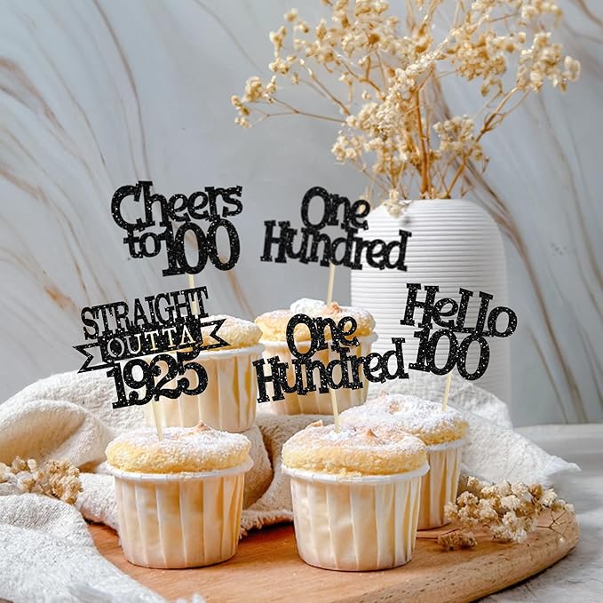 Ephlyn 24Pcs Happy 100th Birthday Cupcake Toppers Glitter Straight Outta 1925 Cupcake Picks Hello 100 Cheers to 100 Years Birthday Cake Decorations for 100th Birthday Anniversary Party Supplies Black