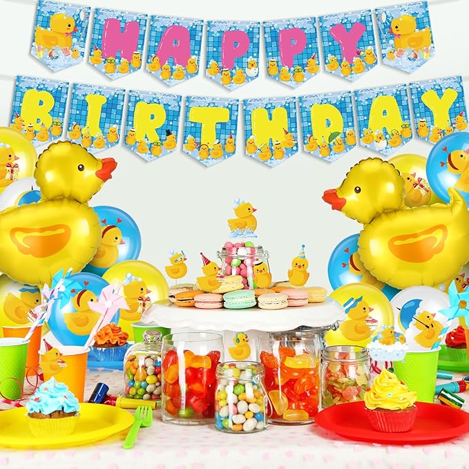 Leitee 57 Pcs Blue Duck Birthday Decorations Balloons Party Happy Birthday Banner Cake Topper Cupcake Toppers Rubber Duck Decor for Birthdays Party Supplies