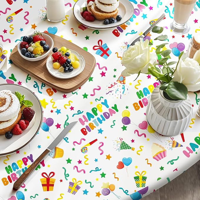 Oudain 3 Pcs Happy Birthday Tablecloth Decorations 84 Inch Plastic Disposable Round Table Covers Waterproof Colorful Balloons Confetti Tablecloth for Women Birthday Party Supplies Baby Shower(White)