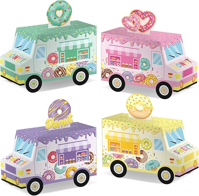 Seajan 24 Pcs Donut Party Favor Boxes - Sweet One Two Truck Treat Goodie Candy Gift Bags for Doughnut Grow Up Theme 1st 2nd Birthday Baby Shower Table Decorations Supplies for Guests