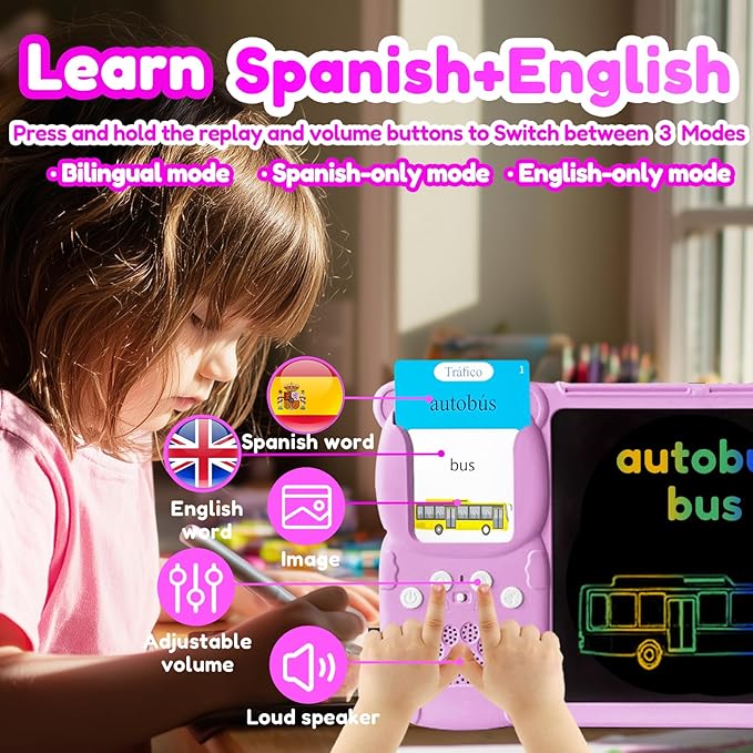 Drawing Tablet with Bilingual Flashcards for Kids - Spanish English Talking Flash Cards, LCD Writing Pad Board, Pocket Speech for Toddlers, Learning Toy Gift for Boys Girls (Spanish, Pink)