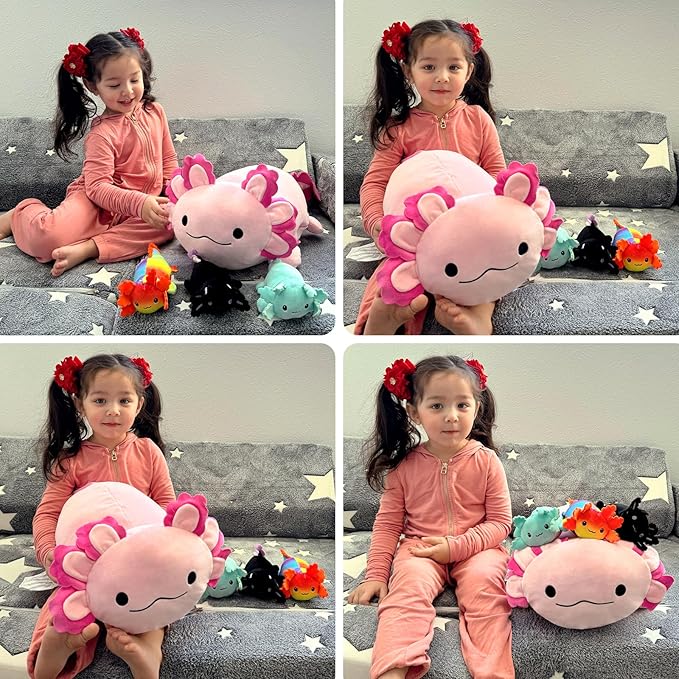 4Pcs Axolotl Plush Set - 24 Inch Large Pink Mommy with 3 Babies, Soft Pillow Stuffed Animals for Decor or Gift, Safe for Girls & Boys