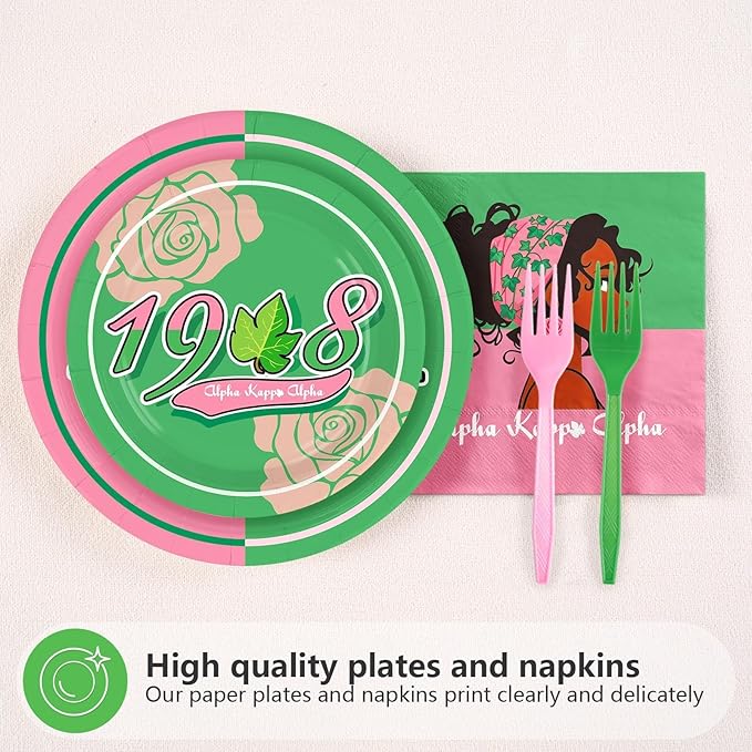 Grencian 96Pcs AKA Party Supplies AKA Plates and Napkins Disposable Hip Hop Style 1908 Pink Green Paper Tableware Set for Women Girls Sorority Birthday Party Decorations, Serves 24