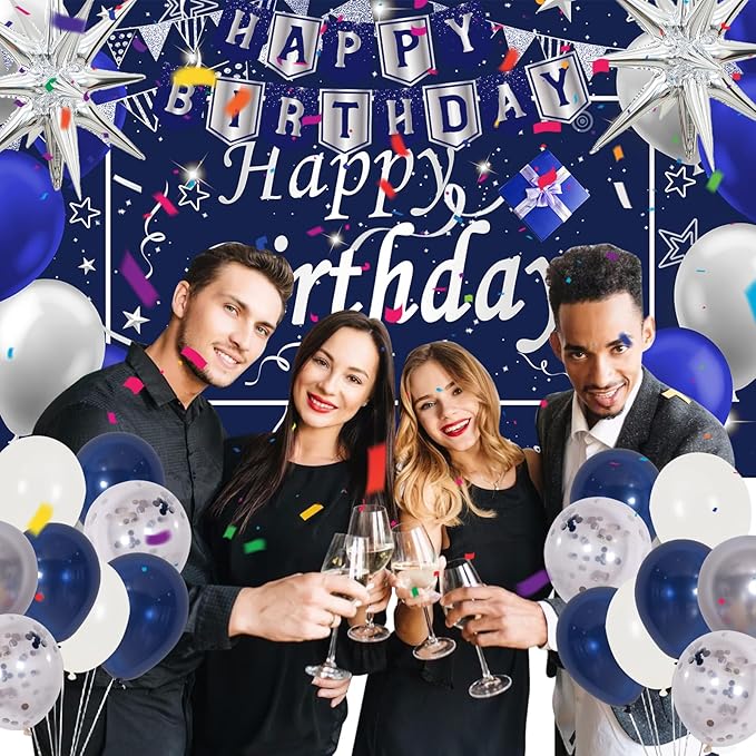 Navy Blue Birthday Decorations for Men Boys Women Girls, 80 PCS Blue and Silver Party Decorations, Happy Birthday Backdrop Banner Party Supplies Blue Silver Confetti Star Balloons Arch Tablecloth