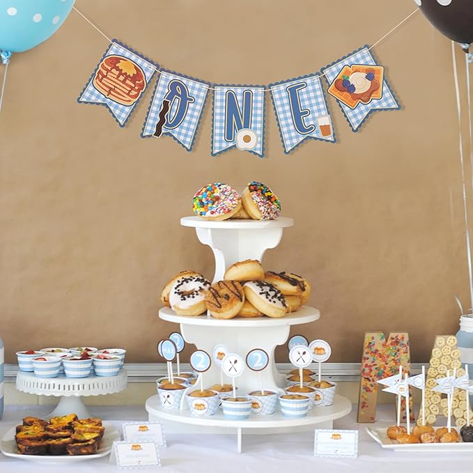 Brunch 1st Birthday High Chair Banner - Breakfast First Birthday Party Decorations, Pancakes and Pajamas Party Supplies, Breakfast Food Party Banner, Pancake and Waffle Cake Smash Photo Props (Blue Brunch Banner)