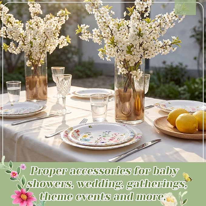 60 Pcs Wildflower Paper Plates 9 in and 7 in Spring Floral Disposable Party Plates Wildflower Butterfly Dessert Tableware for Wedding Baby Shower Birthday Tea Party Table Decor Supplies