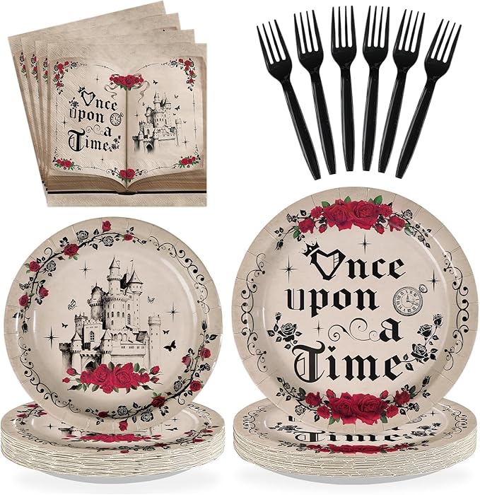 96Pcs Once Upon a Time Decorations Fairytale Birthday Plates and Napkins Retro Castle Princess Red Rose Decorations Tableware Sets for Birthday Wedding Bridal Shower Party Supplies Serves 24