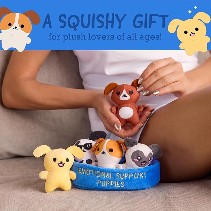 What DO You Meme? Emotional Support Puppies by Relatable, Cuddly Stuffed Animals, Plushies, and Cute Stuff, Great Gift Ideas for Loved Ones of All Ages, Includes 5 Plushies with Carrying Basket