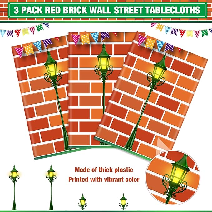 Funrous Red Brick Wall Street Party Decorations Cartoon Street Birthday Plastic Tablecloth 54 x 108 Inch Disposable Waterproof Rectangle Table Cover for Cartoon Friends Themed Birthday Party Supplies