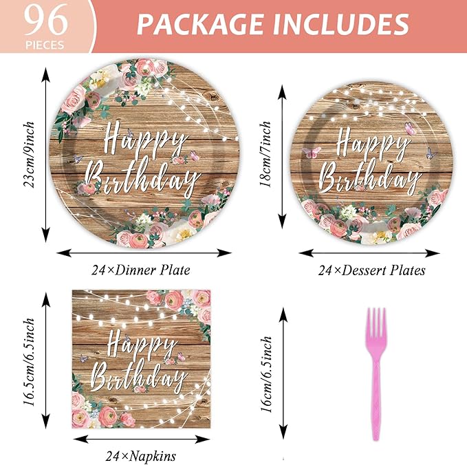 96PCS Spring Floral Birthday Party Plates Wood Grain Pink Flower Rustic Tableware Set for Girls Kids Bridal Shower Party Supplies Wooden Birthday Paper Plates Napkins Decorations for 24 Guests