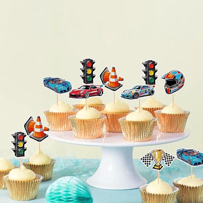 35PCS Race Car Cupcake Toppers Sparkling Trophy Flag Racing Cake Selected Racing Theme, Car Theme Party Supplies Baby Shower Boy Birthday Party Cake Decoration Supplie