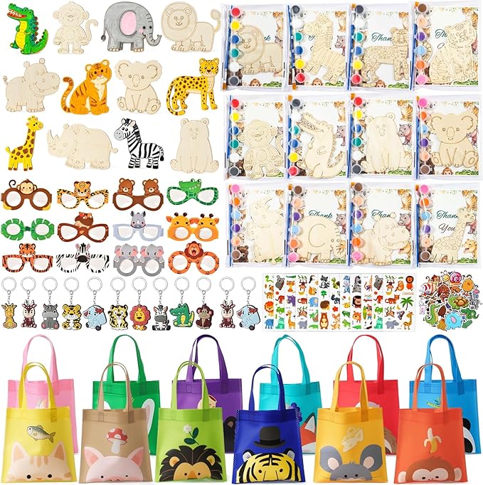 Winrayk 136Pcs Safari Party Favors Jungle Birthday Supplies for Kids, Wooden Painting Kit with Card/ Tote Bag/ Paper Glasses/ Keychain/ Tattoo Sticker/ Animal Sticker, Wild One Party Favors Decor