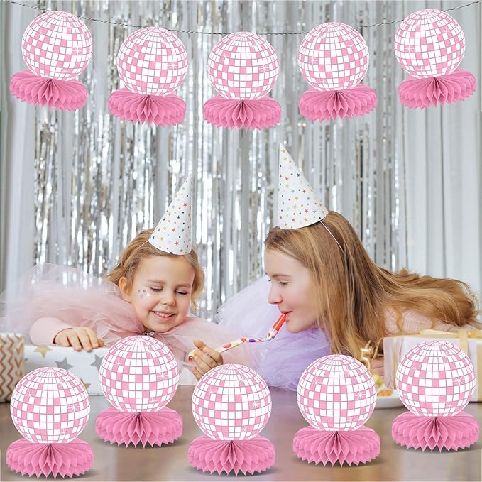 12PCS Disco Ball Party Decorations 70s Disco Table Honeycomb Centerpieces Western Cowgirl Party Table Toppers Hot Pink Disco Party Table Centerpieces for Girls Birthday Party Supplies