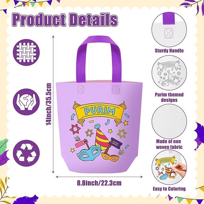 Purim Coloring Goodie Bags for Kids - 24Pcs Happy Purim Color Your Own Gift Bags with Handle Carnival Themed Reusable Non Woven Coloring Tote Packet for DIY Painting Jewish Party Spring Holiday Favor