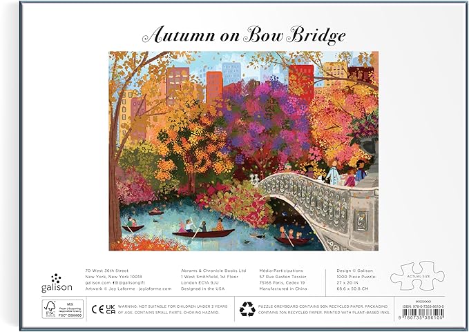 Galison Autumn On Bow Bridge – 1000 Piece Joy Laforme Jigsaw Puzzle Featuring Beautiful Artwork of Central Park Bow Bridge During Fall