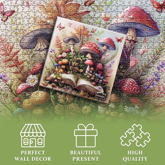 Mushroom Jigsaw Puzzle 1000 Pieces, Magic Book Plant Flower Puzzles Vintage, Challenging for Adults