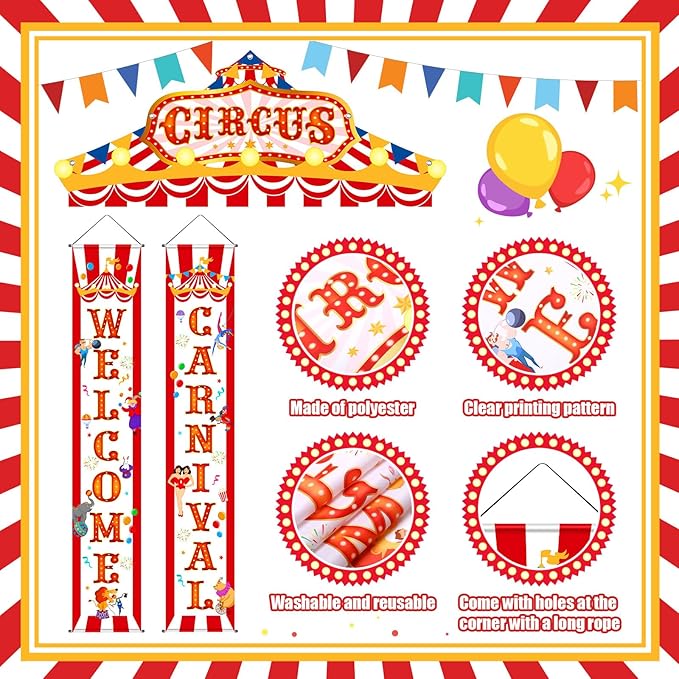 Blulu 3 Pcs Carnival Circus Porch Banner Decorations Circus Party Awning Hanging Banner Carnival Welcome Door Decorations Set for Birthday Baby Shower Party Supplies