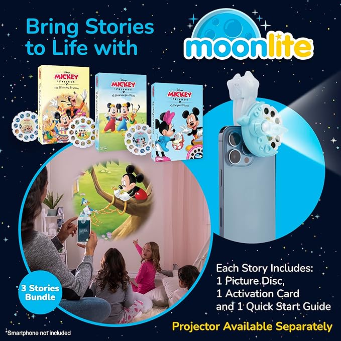 Moonlite Storytime 3-Story Bundle, Requires Moonlite Projector (Sold Separately), Mickey and Friends, Vibrant Storybook Art Projections with Sound Effects & Music
