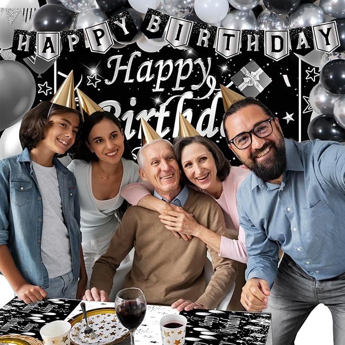 Silver and Black Birthday Decorations for Men Women Boys Girls 80 PCS White Black and Silver Party Decorations Happy Birthday Backdrop Banner Confetti Star White Balloon Arch Tablecloth Party Supplies