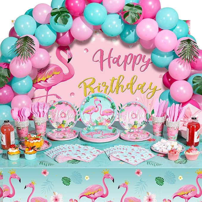 Blosssound 171 Pcs Flamingo Birthday Party Supplies 16 Sets Tropical Hawaiian Party Decorations Include Napkins Plates Cups Spoons Forks Knife Balloons Leaves Backdrop Tablecloth for Girls Boys Kids