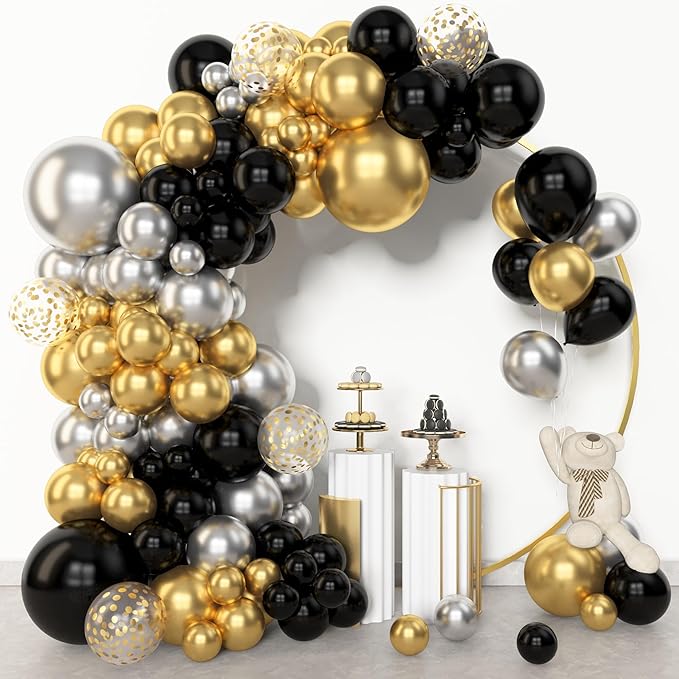 Amandir 153pcs Black and Gold Balloons Arch Garland Kit Different Sizes 18 12 10 5inch Silver Latex Metallic Confetti Graduation Balloons Class of 2026 Decorations Birthday Graduation Party Supplies