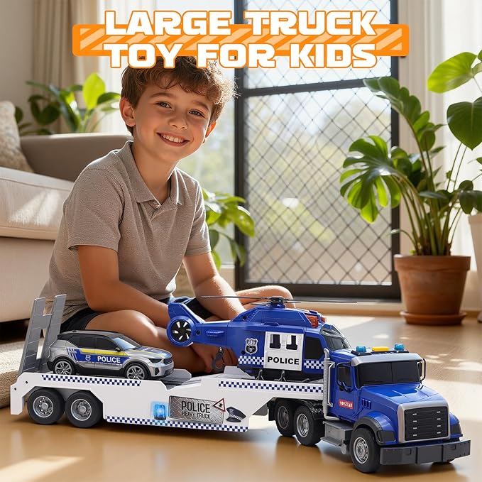21" Semi Police Truck Toy with Helicopter & Racing Car,Toddler Boy Toys for 3 4 5 6 Years Kids,Friction Powered Truck Vehicle with Lights & Sounds for Boys Girls Christmas Birthday Gifts