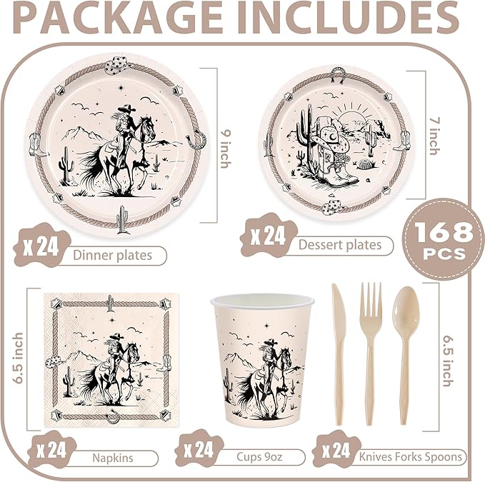 168pcs Western Party Plates Napkins Western Crowgirl Party Supplies Paper Cups Girl's Rodeo Tableware Set Wild Cowgirl Birthday Decorations for Girls Birthday 24 Guests