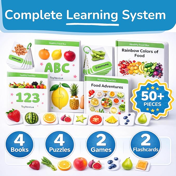 TOYVENTIVE Preschool Learning Activities, Montessori Toys for 1 Year Old, Toddler Toys 1-2, Learning Toys for 1 Year Old, Learning Toys for 2 Year Olds, Educational Flashcards, Food Toy Play Kit