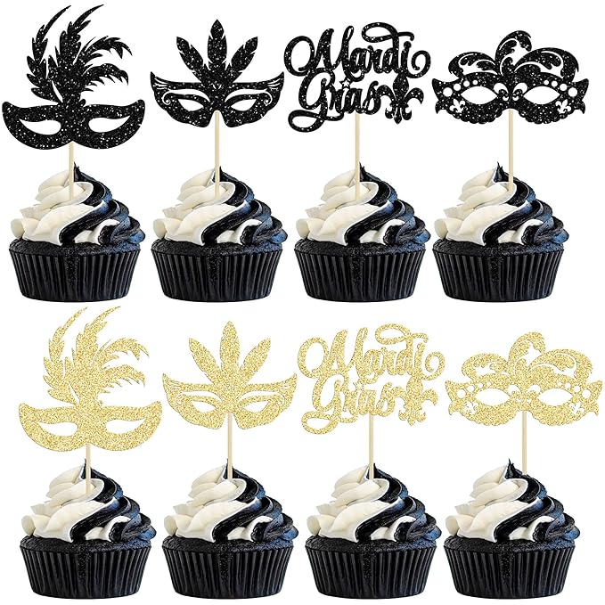 Gyufise 24Pcs Masquerade Masks Cupcake Toppers Black Gold Glitter Mardi Gras Cupcake Food Fruit Picks Masquerade Mardi Gras Party Baby Shower Birthday Party Cake Decorations