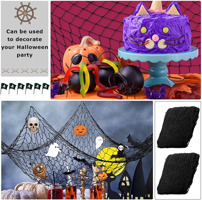 Shappy 2 Pcs Fish Net Decorative 80 x 40 Inch, Wall Hanging Fishnet for Mermaid, Pirate, Nautical, Under the Sea Party Decoration Ocean Themed Hawaii Beach Birthday Halloween Party Supplies(Black)