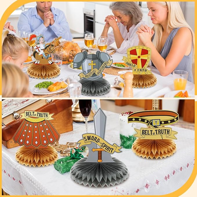 Jetec 9 Pcs Armor of God Honeycomb Centerpieces Bible Verse Religious Themed Party Decorations 3D Armor Knight Medieval Table Decor for Table Party Supplies