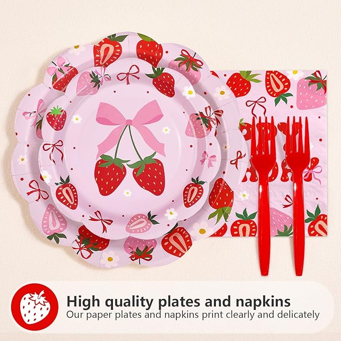 96 Pcs Pink Strawberry Birthday Party Decorations Scalloped Sweet Bow Berry Plate and Napkin Disposable Fruit Berry Tableware Set for Birthday Baby Shower Girls Party Supplies Serve 24