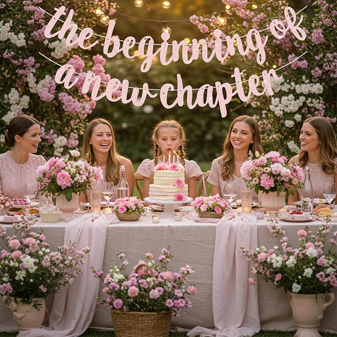 BEISHIDA Glitter Light Pink The Beginning of A New Chapter Banner,Pre-Strung Farewell Book Themed Housewarming Party Congratulations Decorations,Going away party Garland,Graduation Sign 2026 Banner,retirement Supplies