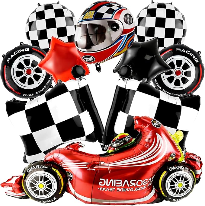 Race Car Balloons 10 pcs Tire Wheel Balloons Chequered Flag Balloons Helmet Tyre Racing Balloon Race Car Birthday Party Decorations