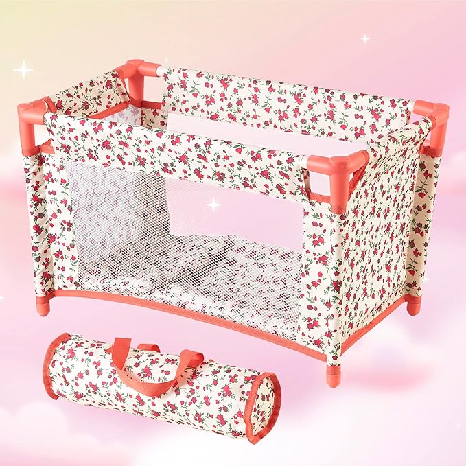 Floral Baby Doll Accessories Set, 3-1 Baby Doll Crib, Baby Doll High Chair & Bouncer Seat. 18 inch Doll Accessories with Doll Bed. 18" Dolls Furniture Play Stuff. Toys for Girls Ages 3-5,4-6,5-7,8-10