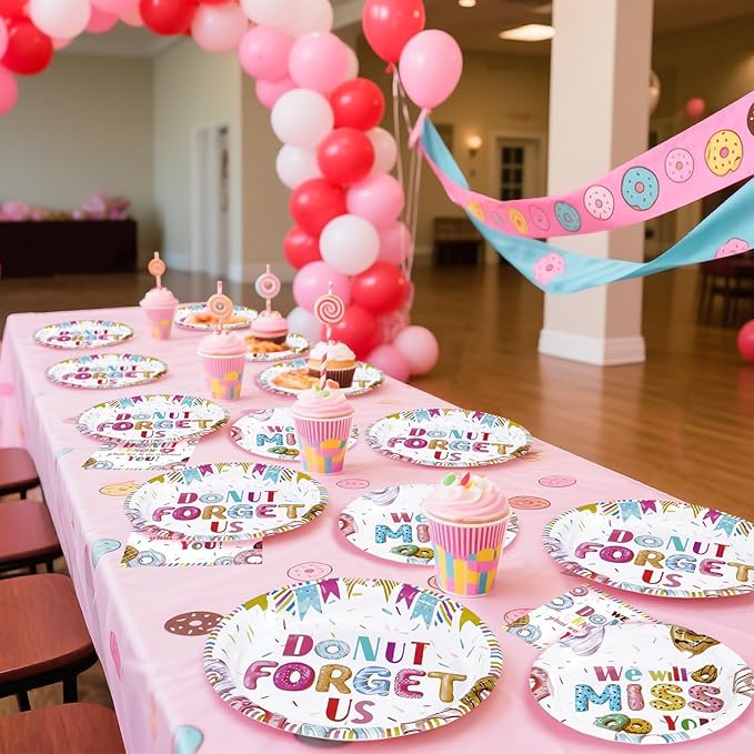 96PCS Farewell Retirement Party Supplies Colorful Donut Forget Us Plates and Napkins Disposable We Will Miss You Tableware Set for Coworker Going Away Retirement Party Decorations Serves 24