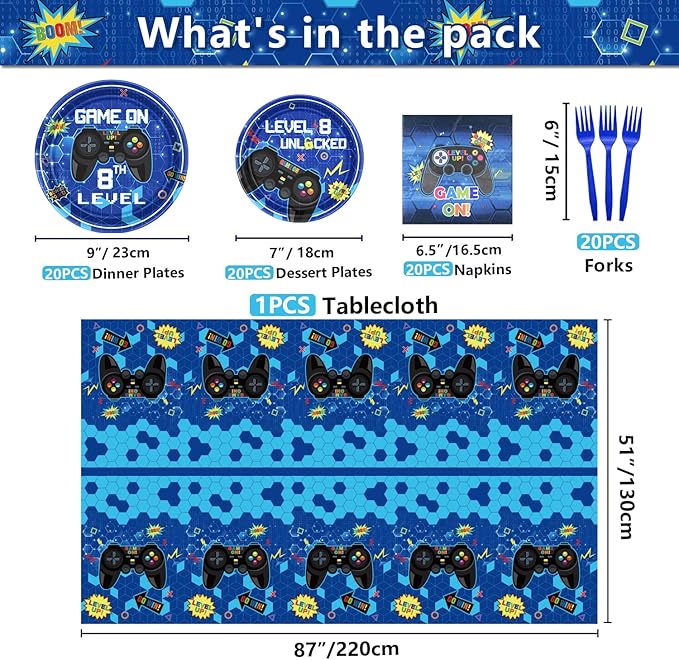 81 Pcs Video Game Party Supplies - 8th Birthday Video Game Party Decor Dinner Plates Napkins Video Game Tablecloth Forks Gaming Party Pack for Kid Boy 8th Birthday Party, Serves 20 (8th)