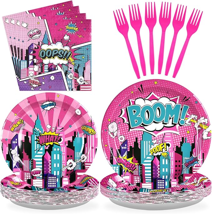 96Pcs Pink Hero Birthday Party Decorations for Girls Hot Pink Comic Hero Plates and Napkins Tableware Sets Super Theme Decorations for Kids Baby Shower Spider Hero's Themed Party Favors Serves 24