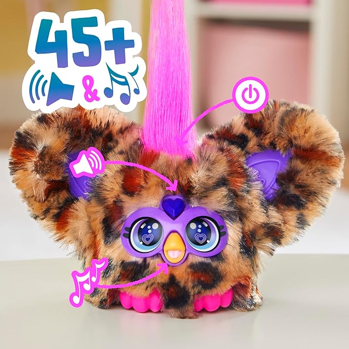 Furby Furblets Chee-Chee Mini Friend, Electronic Plush Toys for Girls & Boys, Cheetah Print, Speaks Furbish & Plays Music, Series 5, Back to School Gifts, Ages 6+