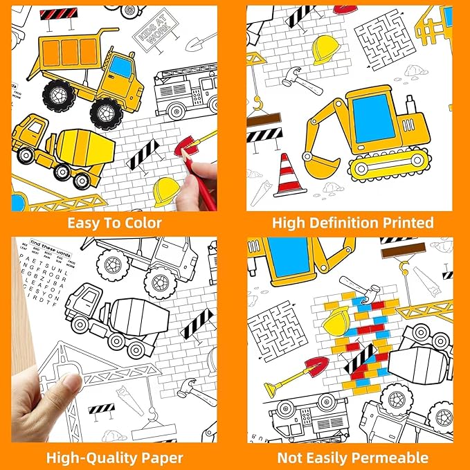 1 Pack Construction Coloring Table Cloth for Kids - Giant Construction Theme Color-in Paper Poster, Dump Truck Painting Activity Tablecloth for Construction Birthday Party Supplies Favors, 54 x 108 In