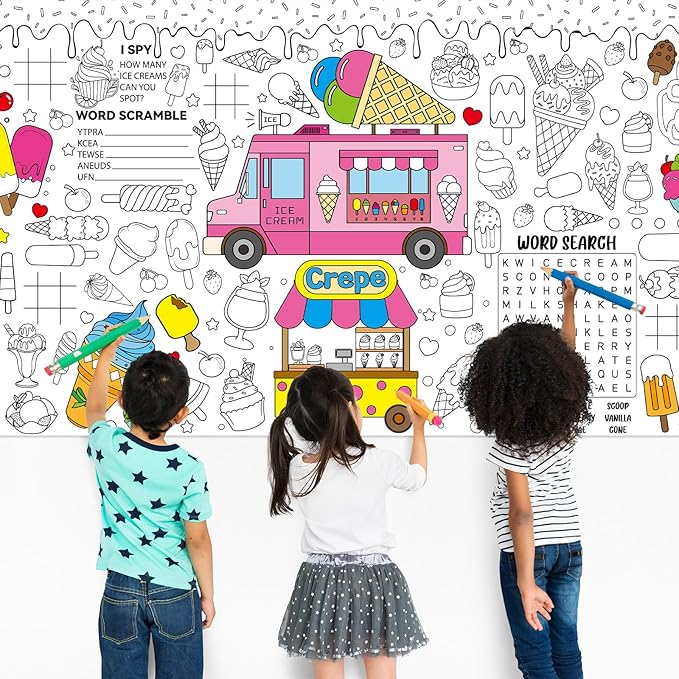 Ice Cream Giant Coloring Poster for Kids Summer Large Coloring Tablecloth Big Paper Sheets Page Sweet Theme Table Cloth DIY Activity Game Art Crafts Mat Wall Home Party Decoration Supplies