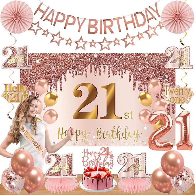 21st Birthday Decorations for Girls, Pink Rose Gold Happy 21 years old Birthday Banner Backdrop Balloons Sash Table Cake Topper Honeycomb Centerpieces Hanging Swirls Paper Fans Party Supplies