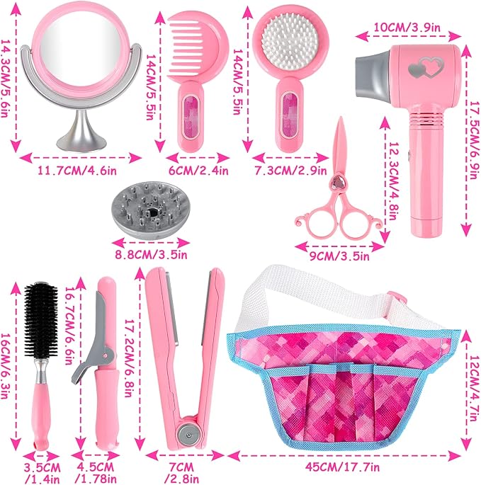 deAO Hair Salon Toys for Girls Beauty Salon Set Kids Pretend Hair Styling Set with Hairdryer, Mirror, Curling Iron and Stylist Accessories for Toddler Makeup Party Christmas (Fake Makeup)