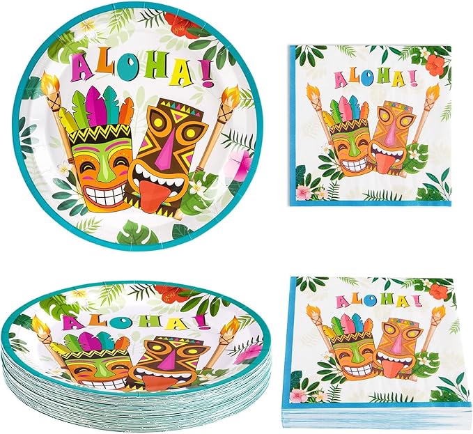 WERNNSAI Aloha Luau Plates and Napkins - Serves 50 Gusets 100PCS Hawaiian Tropical Tiki Party Supplies Disposable Tableware Set Luncheon Dinner Paper Plates Napkins for Birthday Party