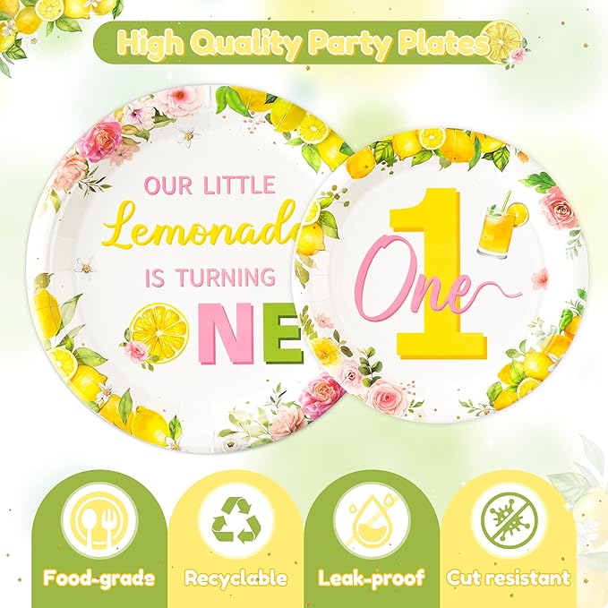 96Pcs Lemon 1st Party Plates Supplies Our Little Lemonade Is Turning One First Birthday One Year Old Tableware Decorations Disposable Paper Plates Napkins Forks for Kids Baby Shower, Serves 24