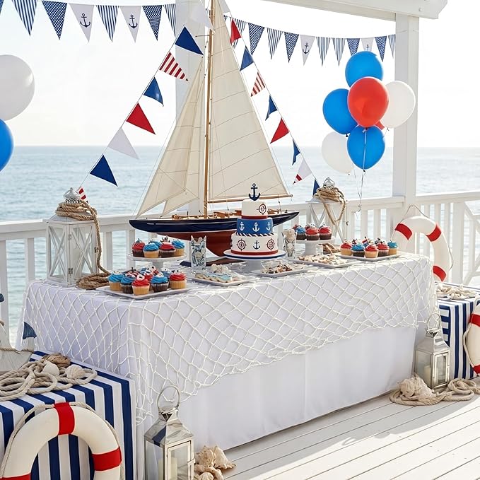 Unittype 8 Pcs Fish Net Decorative and Tablecloth Set, Cotton Fishnet and Plastic Table Cover Decorations Set for Nautical Themed Party Baby Shower Pirate Decorations Mermaid Party (Pirate Color)