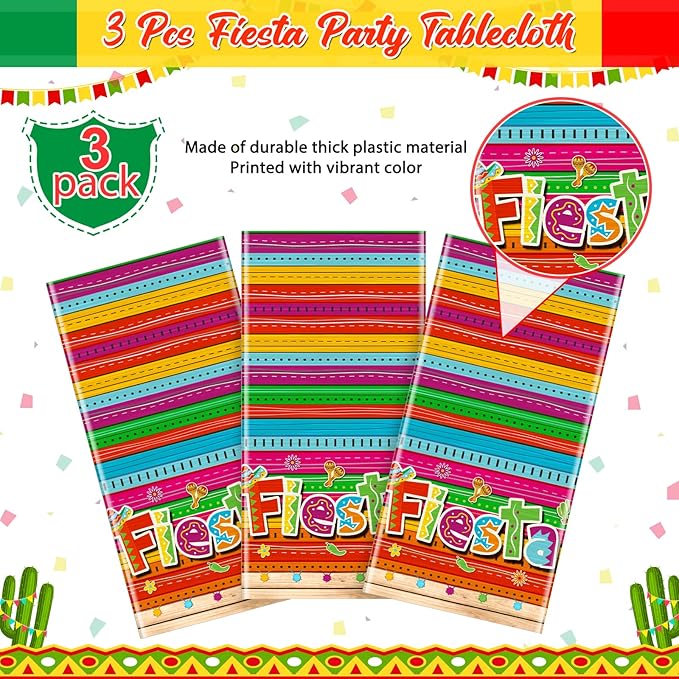 Jectivs 3 Pieces Mexican Fiesta Party Tablecloth Decorations,Plastic Cinco De Mayo Printed Table Cloth Table Cover for Fiesta Taco Night Birthday and Mexican Themed Party Supplies, 54 x 108 Inch