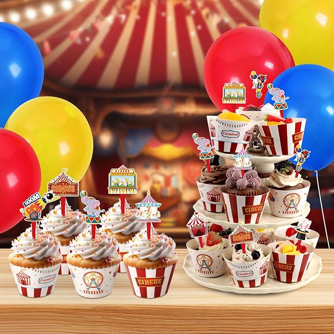 48 Pack Circus Cupcake Toppers and Wrappers, Carnival Party Cake Decoration for Carnival Theme Birthday Party Baby Shower Supplies